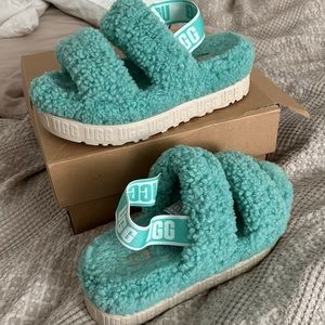 Ugg Oh Fluffita Tide Pool slipper shoe sandal Sherpa Tiffany blue 8 with box